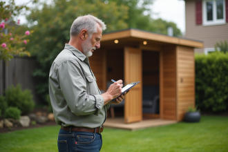Homme examinant un abri de jardin en bois dans son jardin