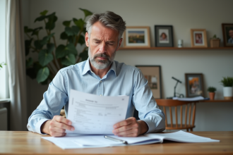 Homme français au bureau examinant documents fiscaux immobiliers