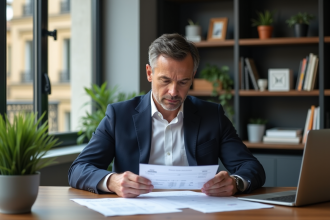 Homme d affaires en costume bleu examine des documents immobiliers