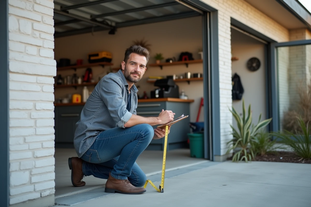 Homme mesurant un garage résidentiel moderne