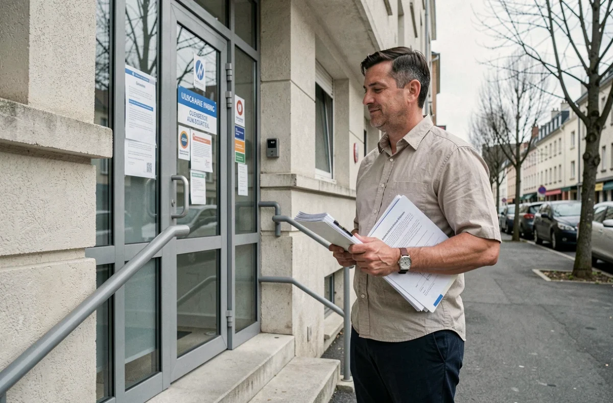 Homme consultant un affichage d'office HLM pour obtenir des aides au logement complémentaires