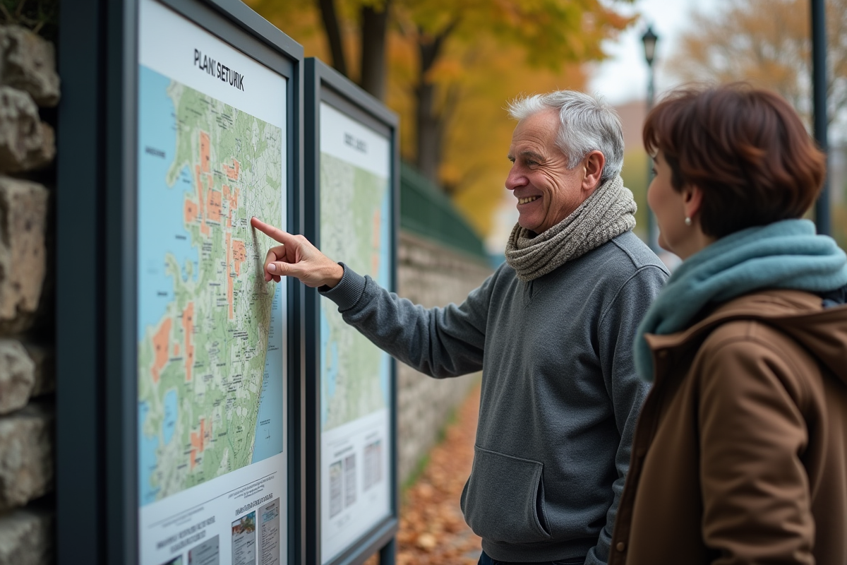 Homme pointant un plan de situation près d un chemin ombragé