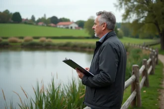 Homme d'affaires près d'un étang rural paisible