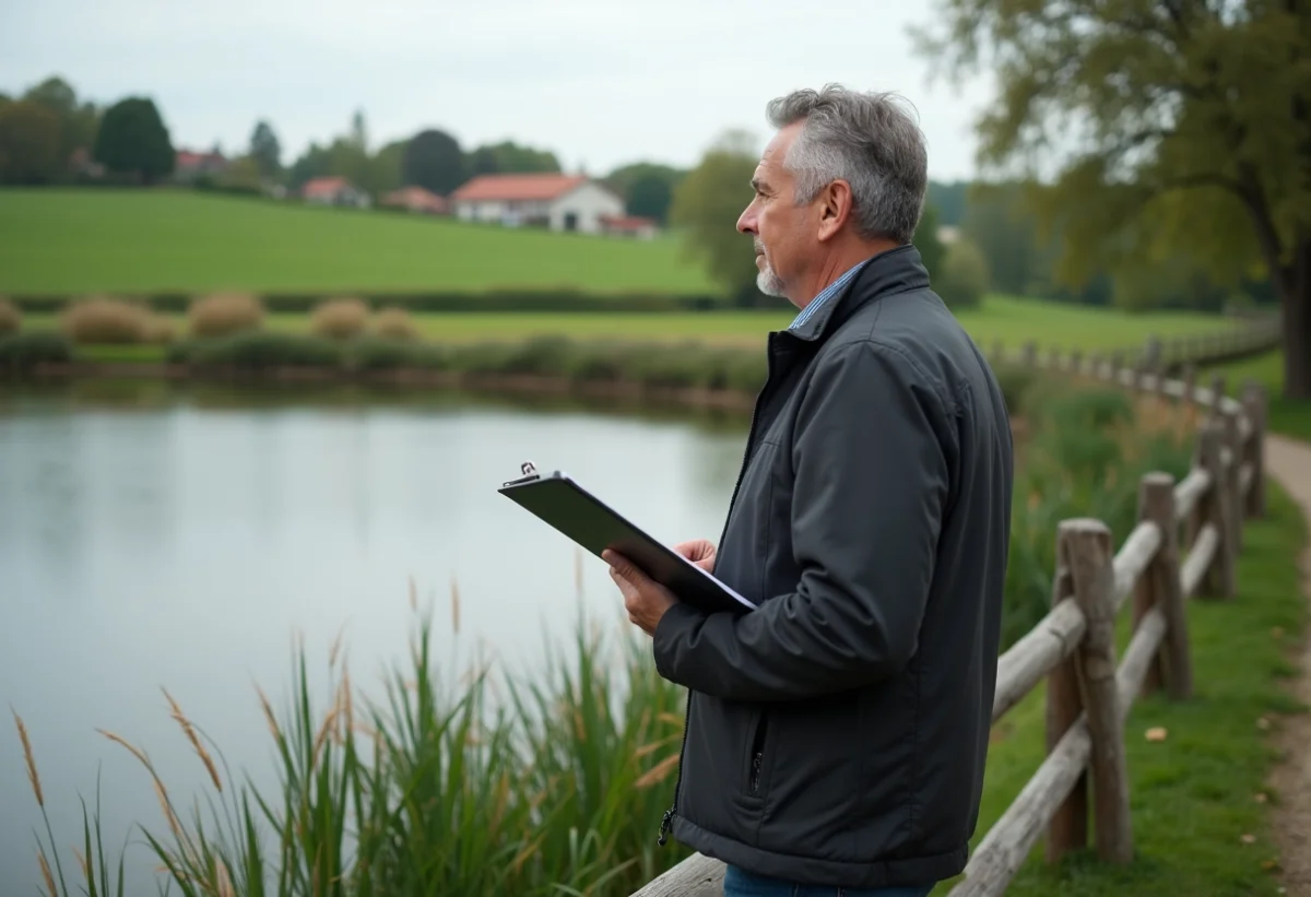 Homme d'affaires près d'un étang rural paisible