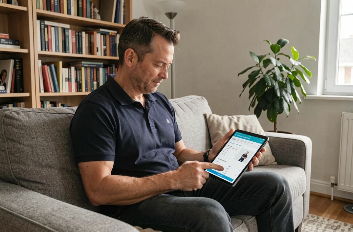 Homme cherchant une assurance habitation économique sans frais cachés sur une tablette dans son salon