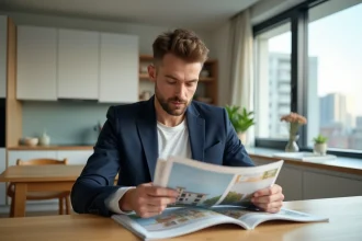 Homme en blazer bleu étudiant un guide immobilier dans une cuisine moderne