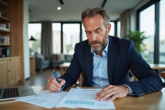 Homme d'âge moyen examinant des documents de revenus locatifs