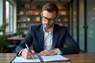 Homme en costume bleu examine des documents de location