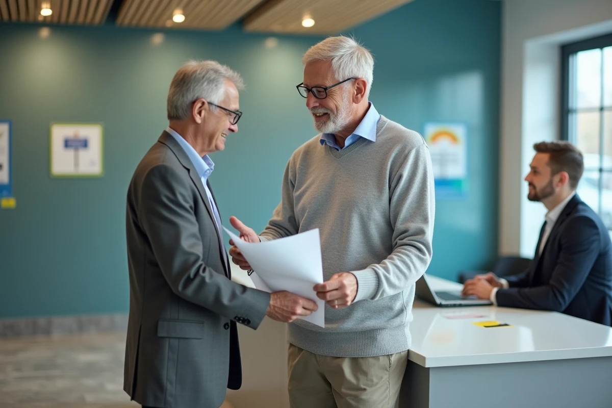 Homme âgé remet des documents à un agent dans un bureau d