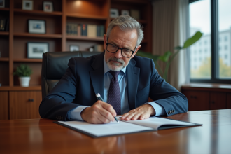 Homme d'âge moyen signant des documents de prêt immobilier