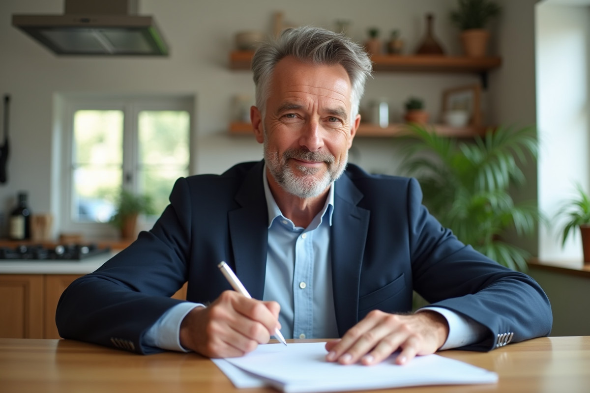 Homme d age moyen signant des papiers dans une maison lumineuse