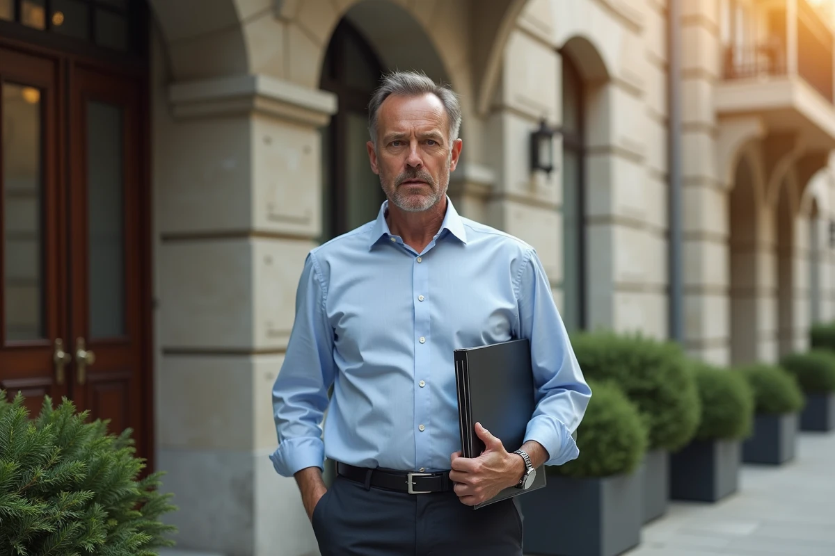 Homme d age tenant dossier de location devant immeuble