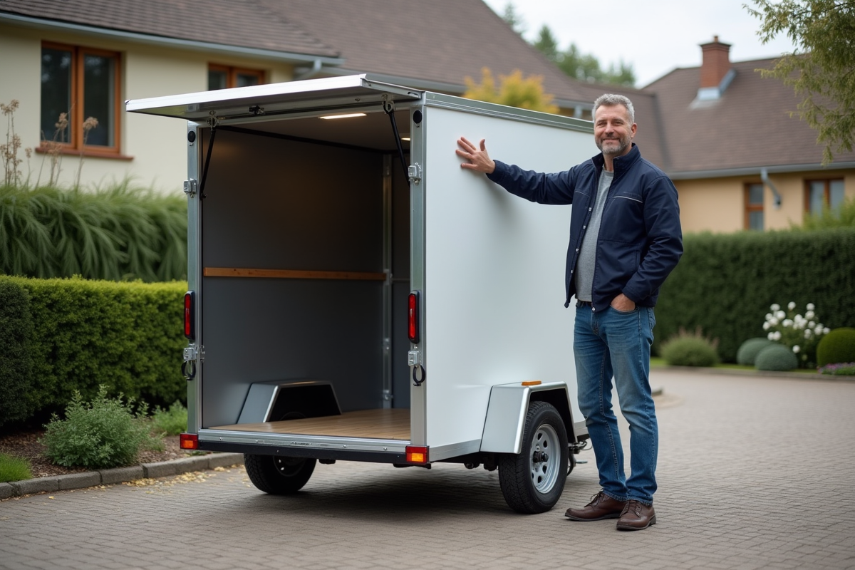 Homme d'âge moyen pointant vers une remorque compacte dans une cour