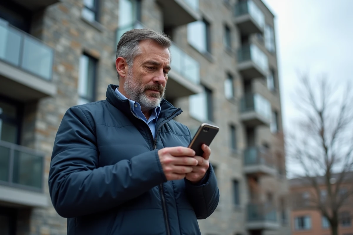 Homme devant un immeuble résidentiel consultant une annonce sur l'application 123loger depuis son smartphone lors d'une visite de logement