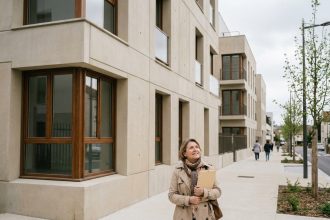 Façade d'un immeuble neuf à Choisy-le-Roi avec une résidente devant l'entrée principale