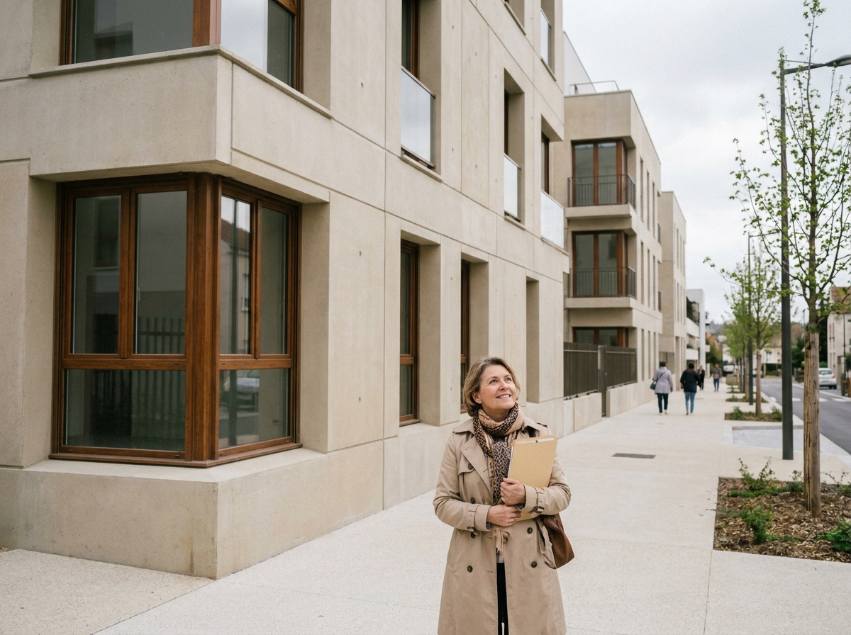 Façade d'un immeuble neuf à Choisy-le-Roi avec une résidente devant l'entrée principale