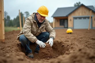 Ingénieur géotechnicien analysant une carotte de sol sur un chantier de maison individuelle