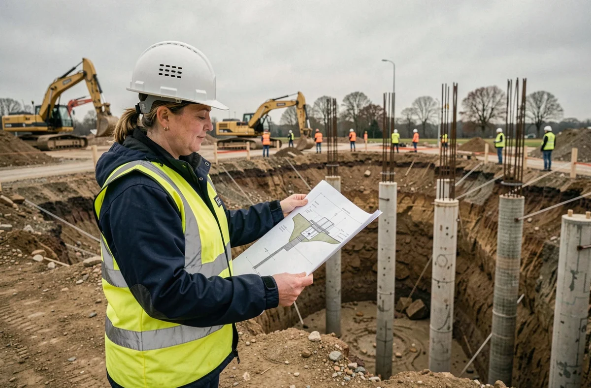 Ingénieure en génie civil sur chantier tenant un plan en coupe du terrain et des fondations lors d'une construction réussie