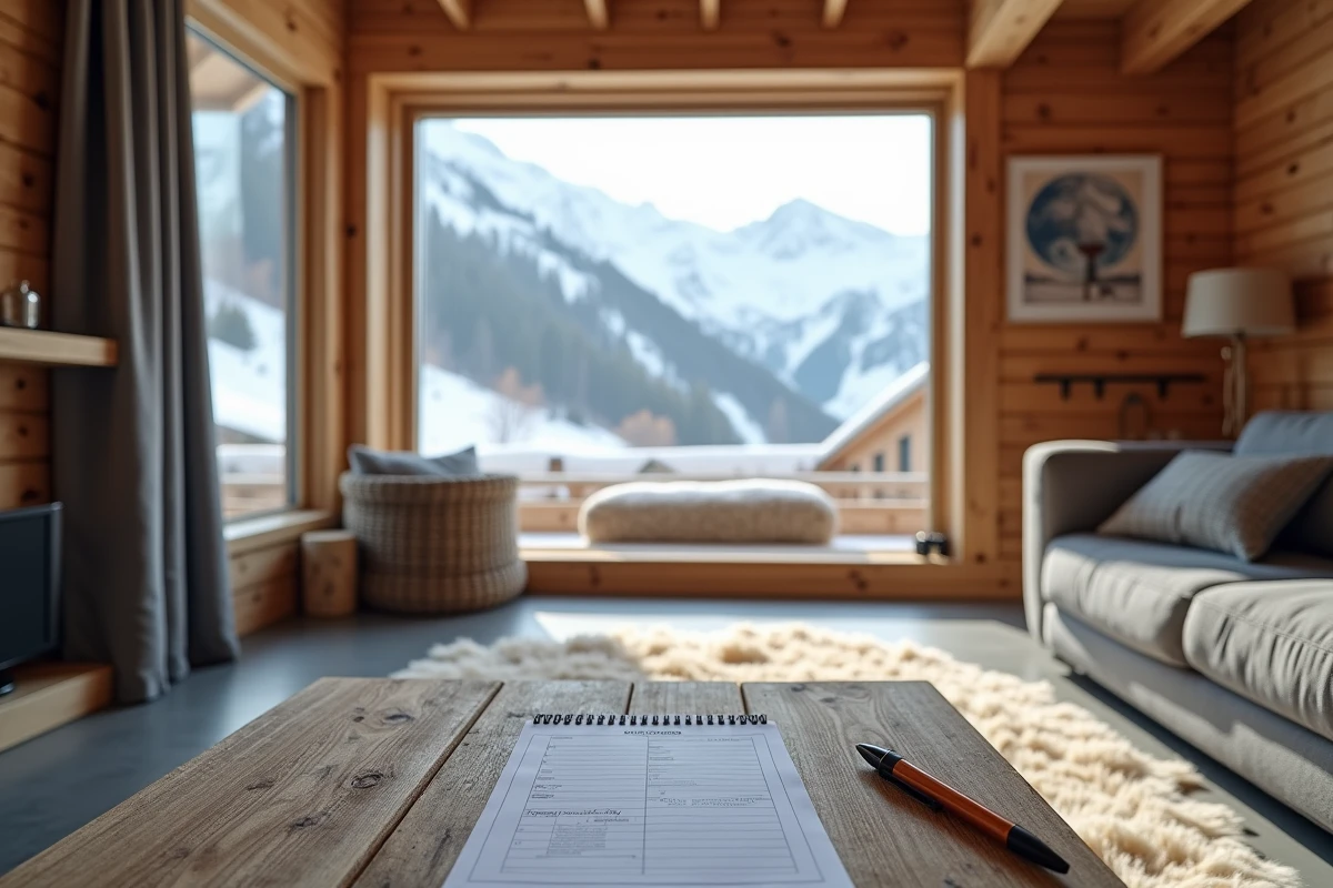 Inspection d'un chalet à vendre à Avoriaz avec checklist de vérification posée sur une table en bois