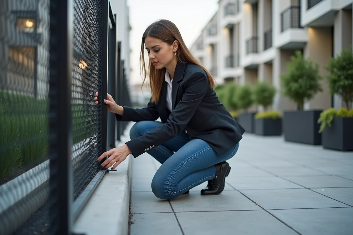 Jeune femme inspectant une clôture en mesh dans un environnement urbain