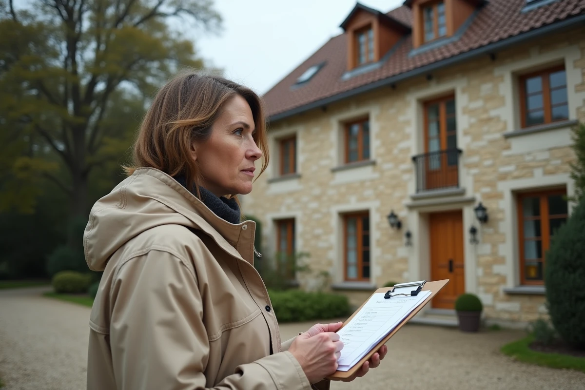 Inspectrice immobilière évaluant la façade d'une maison individuelle construite par un particulier avant la souscription d'une assurance