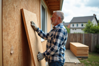 Homme posant des panneaux d'isolation en fibre de bois à l'extérieur