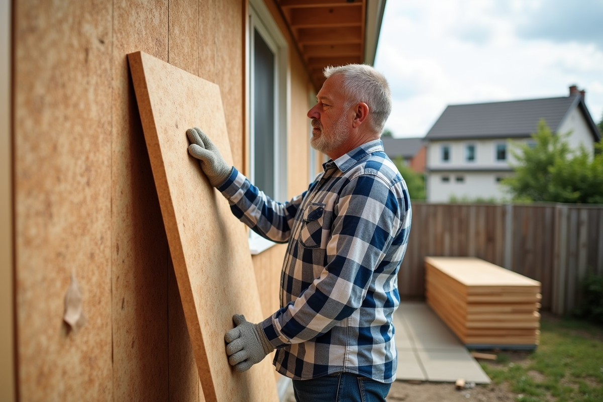 Homme posant des panneaux d'isolation en fibre de bois à l'extérieur