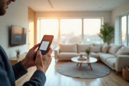 Personne installant un module domotique dans un salon lumineux