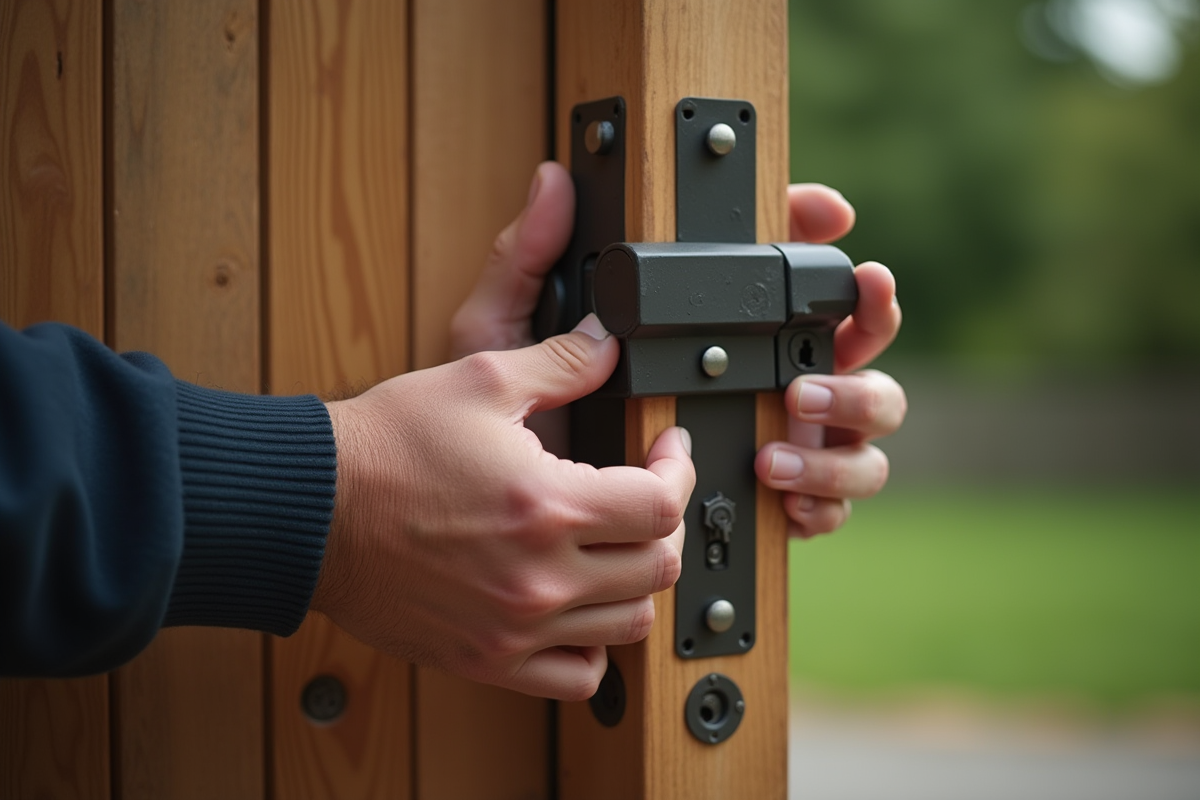 Mains installant un verrou solide sur un portail en bois