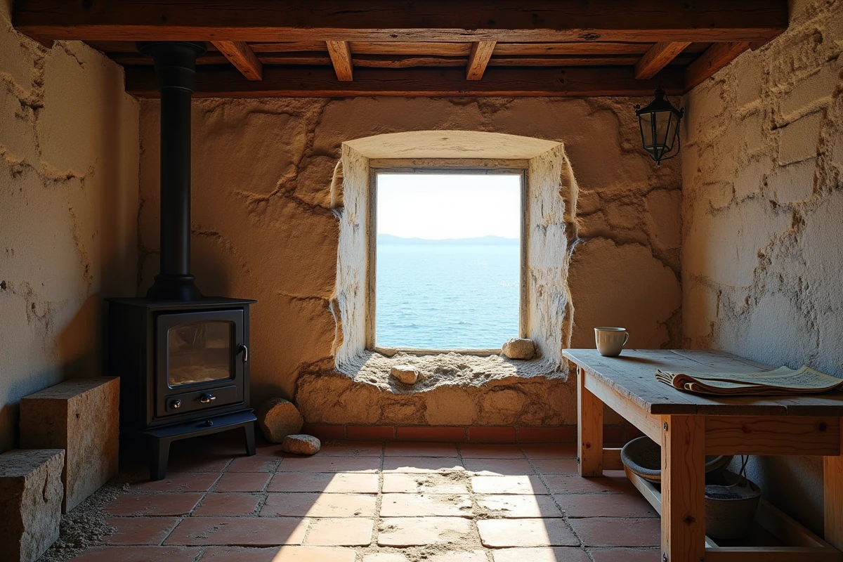 Intérieur rustique d'une maison de pêcheur bretonne à rénover avec vue mer par la fenêtre