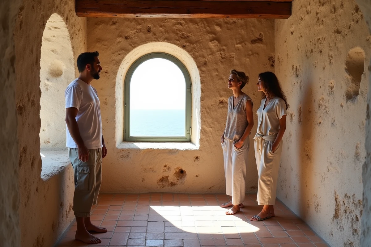 Intérieur authentique d'une maison de pêcheur en Méditerranée avec sol en tomettes et murs en pierre apparente lors d'une visite