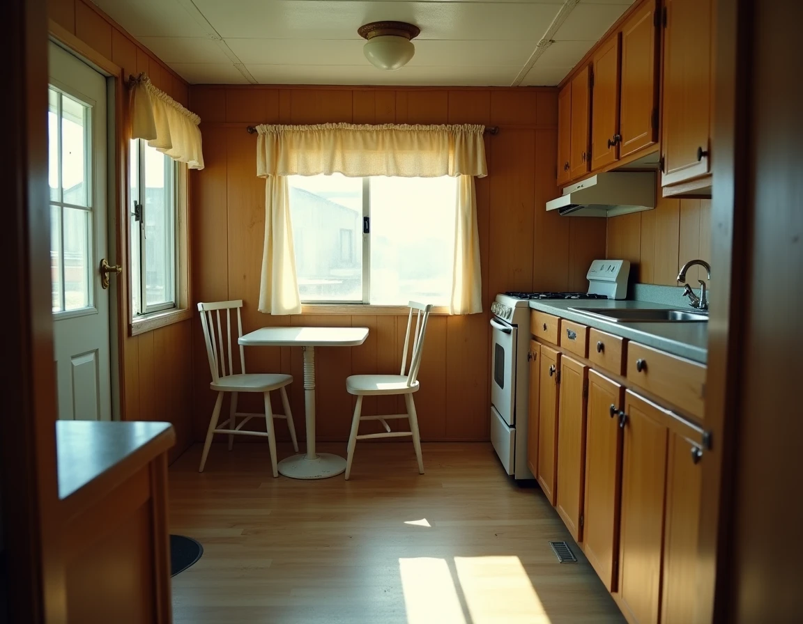Intérieur vieilli d'un mobil home de plus de 20 ans avec mobilier daté, parquet usé et cloisons en bois patiné
