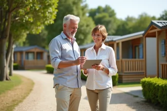Couple examinant des documents d'investissement dans un parc résidentiel de loisirs avec mobil-homes en arrière-plan