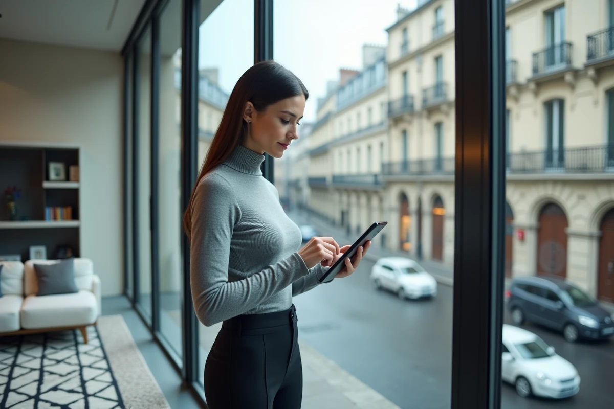 Investisseuse immobilière consultant une plateforme Orpi Invest Immo sur tablette dans une agence parisienne moderne