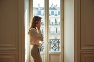 Femme dans un appartement haussmannien écoutant le mur épais pour tester l'isolation phonique