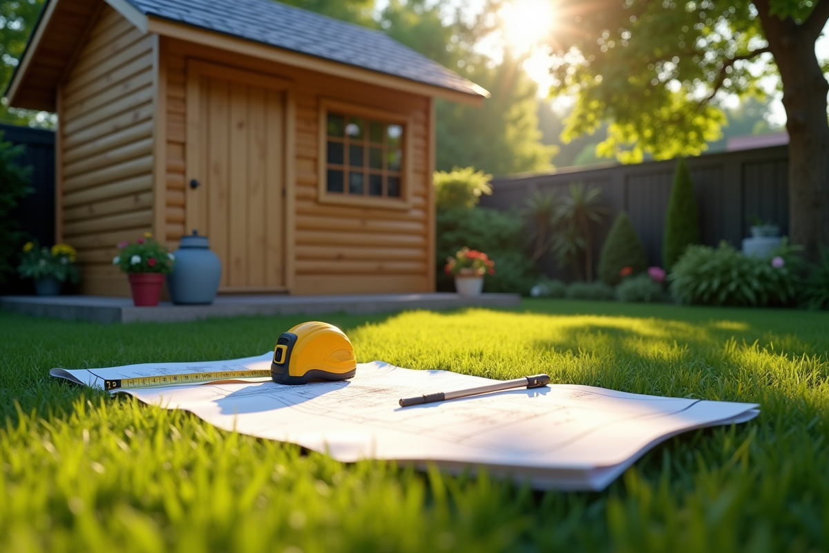 Jardin avec une cabane en bois et plans de construction