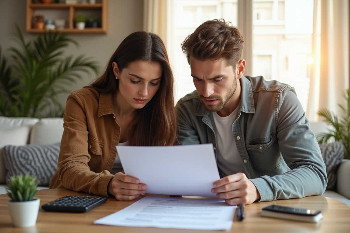 Jeune couple dans un salon lumineux examine un contrat de location