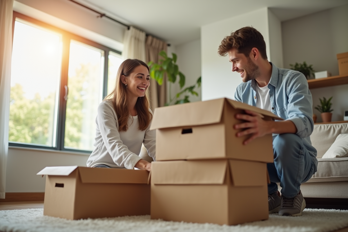 Jeune couple souriant déballant des cartons dans un salon lumineux