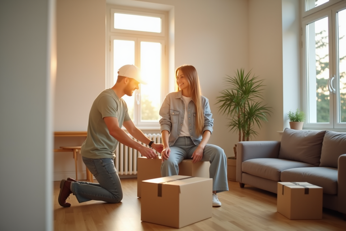 Jeune couple heureux dans leur salon lumineux en déballant des cartons