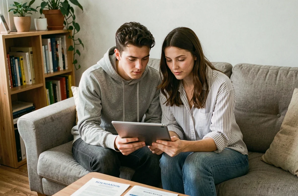 Jeune couple aux petits revenus consultant une demande d'aide au logement sur tablette dans leur appartement