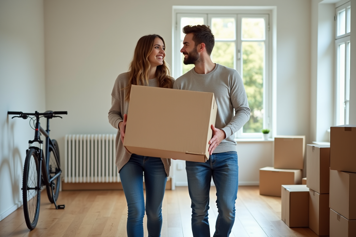 Jeune couple souriant avec carton dans un appartement moderne