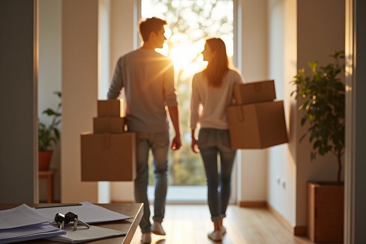 Jeune couple avec cartons à l'entrée d'un appartement lumineux