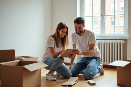Jeune couple souriant dans leur nouvel appartement en déménagement