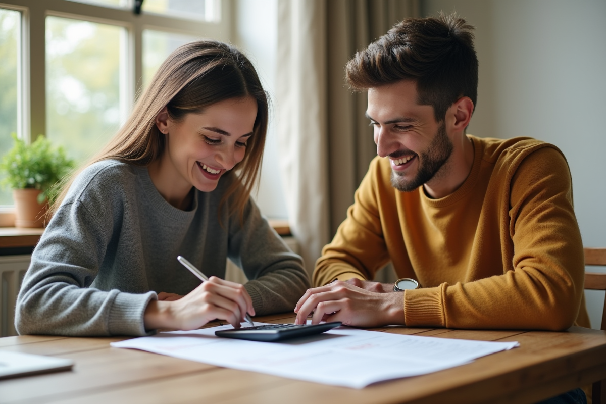 Jeune couple souriant examinant documents immobiliers