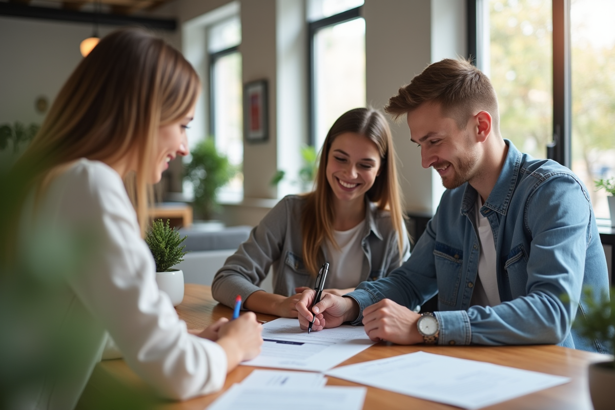 Jeune couple signant un contrat de location dans une agence moderne
