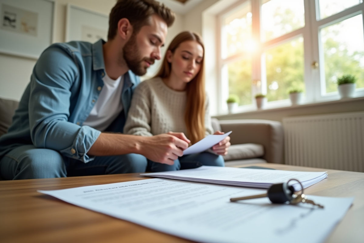 Jeune couple examinant un contrat de location dans un salon lumineux