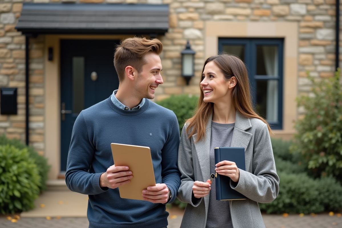 Jeune couple souriant devant une maison avec clés en main
