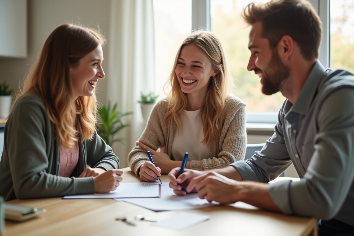 Jeune couple signant un contrat de location avec un agent immobilier dans un appartement lumineux
