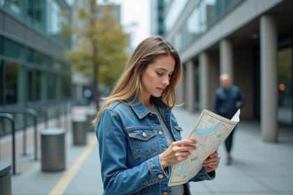 Jeune femme avec une carte urbaine devant un bâtiment moderne