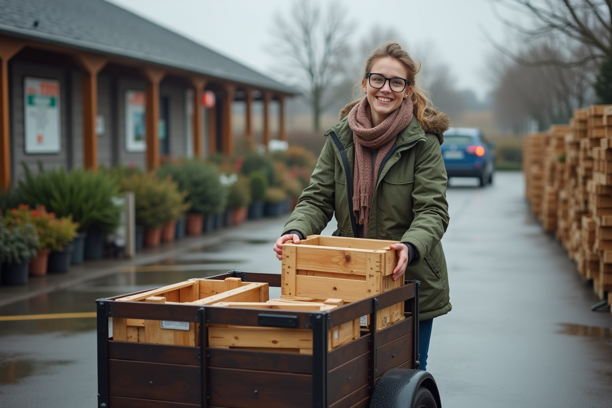 Jeune femme chargeant des caisses en bois dans une petite remorque
